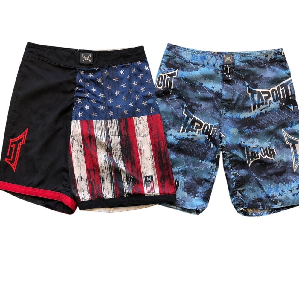 Tapout MMA Fight Shorts Mens 36 Bundle of 2 American Flag & Blue Camo Athletic